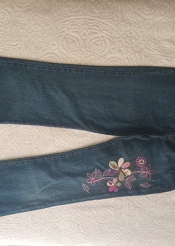 s Beden Nakışlı Mavi Bol Kesim Midi Kot Pantolon