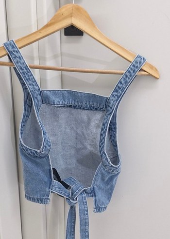 Mavi Kot Askılı Sırtı Açık Crop - Görsel 3