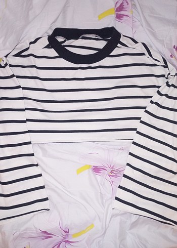 İspanyol Kol Çizgili Bol Kadın Kazak Crop - Görsel 3