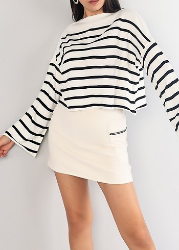 İspanyol Kol Çizgili Bol Kadın Kazak Crop - Görsel 2