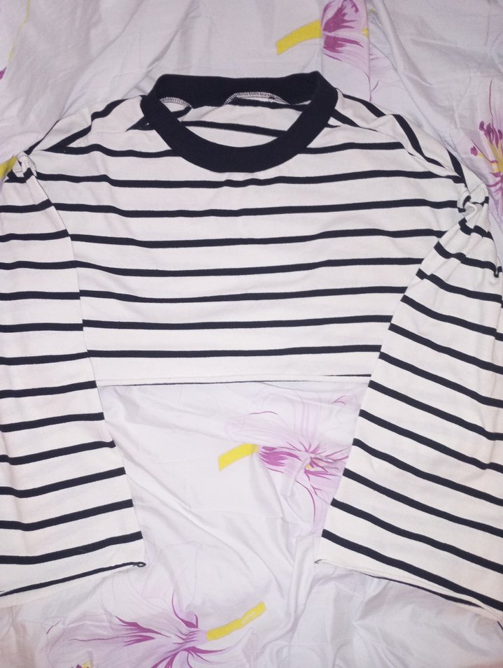 İspanyol Kol Çizgili Bol Kadın Kazak Crop - Görsel 3