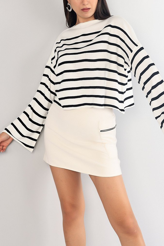 İspanyol Kol Çizgili Bol Kadın Kazak Crop - Görsel 2