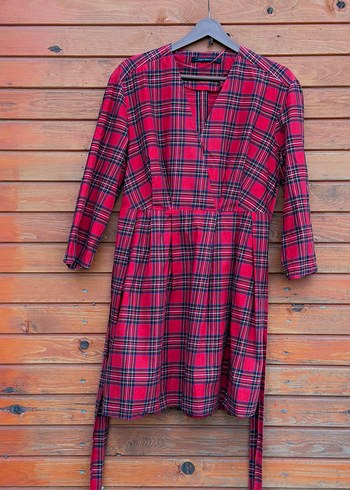 Kırmızı Ekose Desenli Midi Kadın Elbise Zara - Görsel 2