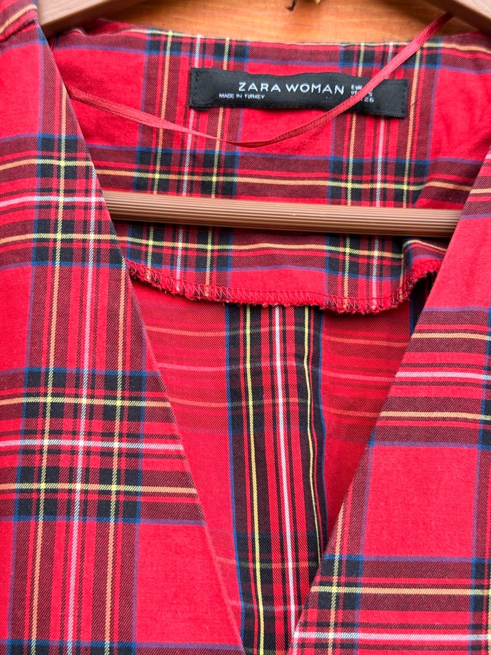 Kırmızı Ekose Desenli Midi Kadın Elbise Zara - Görsel 5