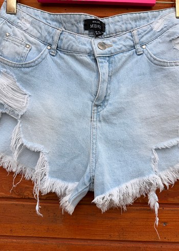 Kadın Pastel Mavi Yırtık Denim Mini Şort - Görsel 2