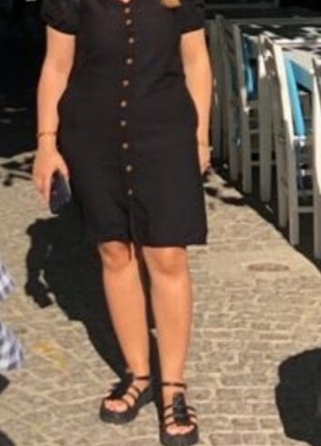 l Beden siyah Renk Düğmeli kemerli elbise