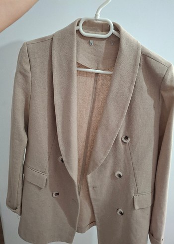 Bej Düğmeli Midi Kadın Keten Ceket - Görsel 3