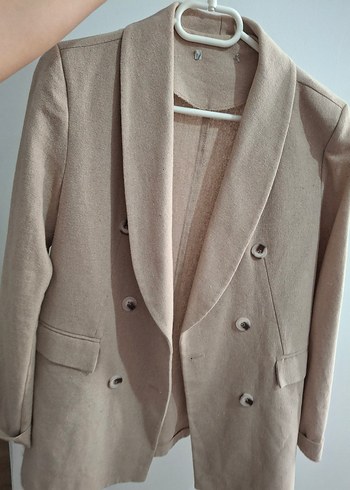 Bej Düğmeli Midi Kadın Keten Ceket - Görsel 4