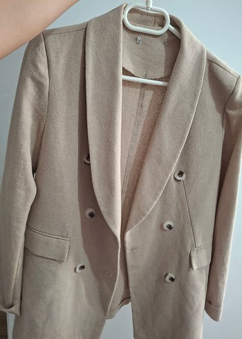 Bej Düğmeli Midi Kadın Keten Ceket - Görsel 5