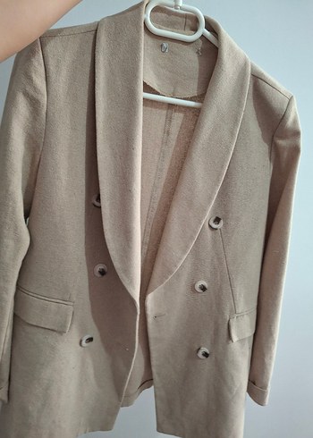 Bej Düğmeli Midi Kadın Keten Ceket - Görsel 2