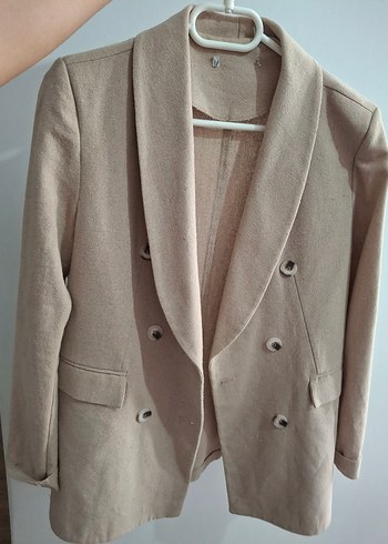 Bej Düğmeli Midi Kadın Keten Ceket - Görsel 6