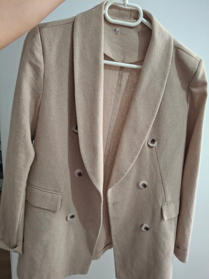 Bej Düğmeli Midi Kadın Keten Ceket - Görsel 4