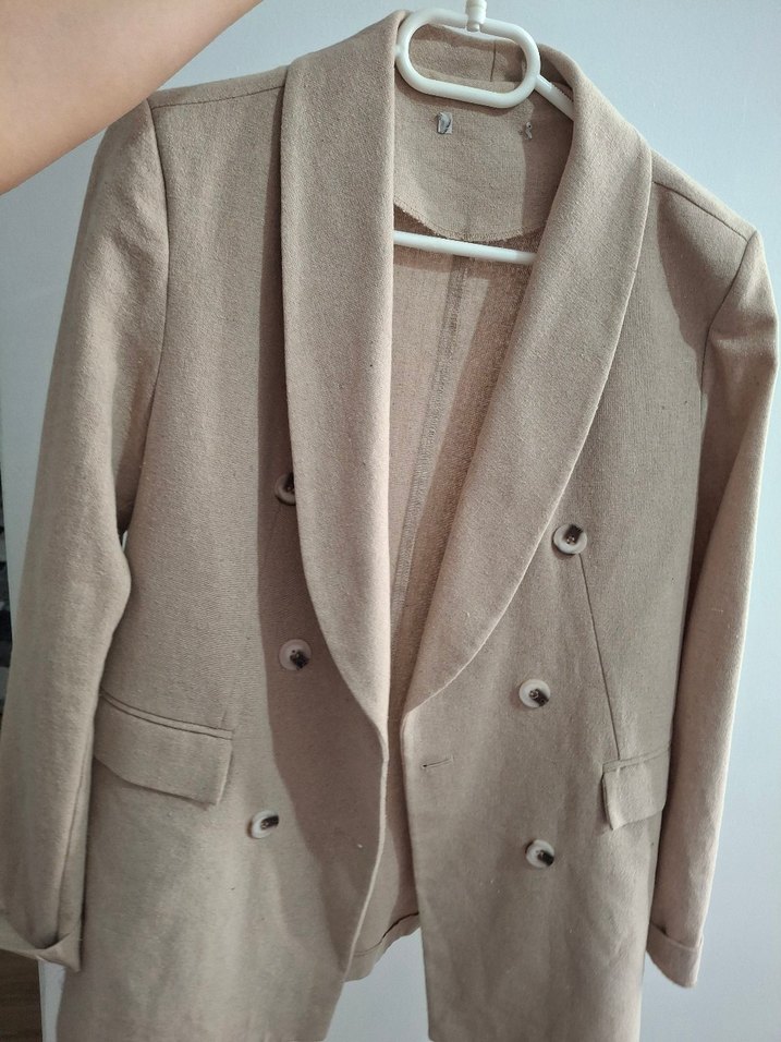 Bej Düğmeli Midi Kadın Keten Ceket - Görsel 5