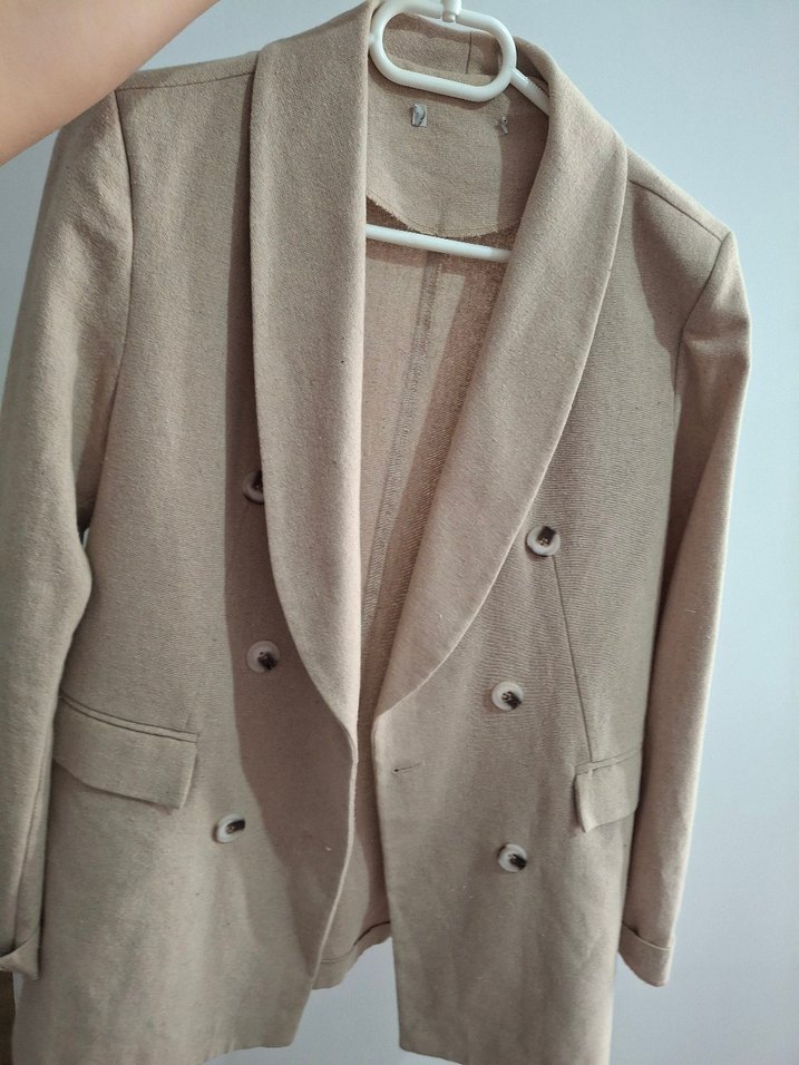 Bej Düğmeli Midi Kadın Keten Ceket - Görsel 2