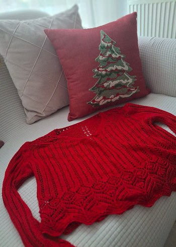 Kırmızı V Yaka Örgü Kadın Kazak - Görsel 3