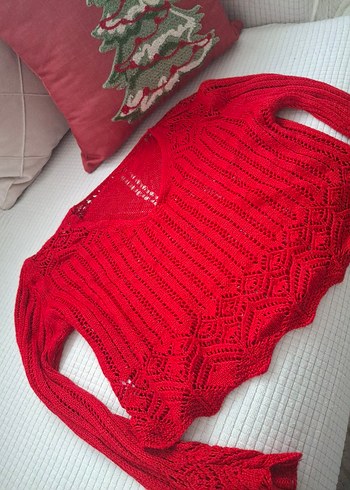 Kırmızı V Yaka Örgü Kadın Kazak - Görsel 6