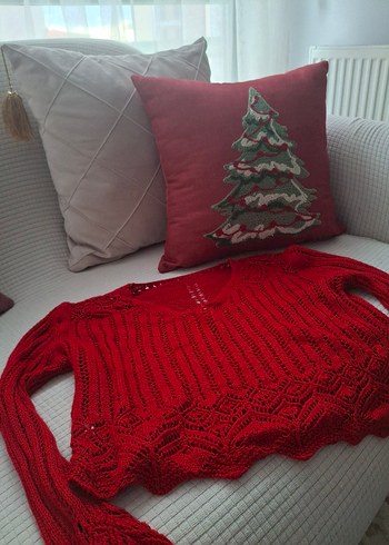 Kırmızı V Yaka Örgü Kadın Kazak - Görsel 4