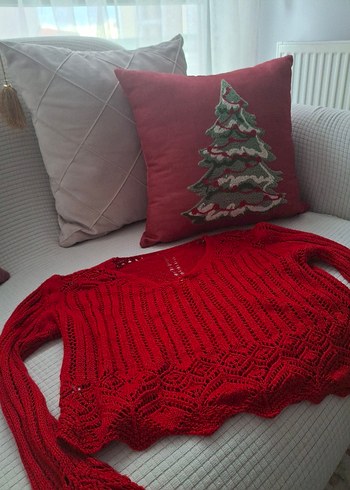 Kırmızı V Yaka Örgü Kadın Kazak - Görsel 2