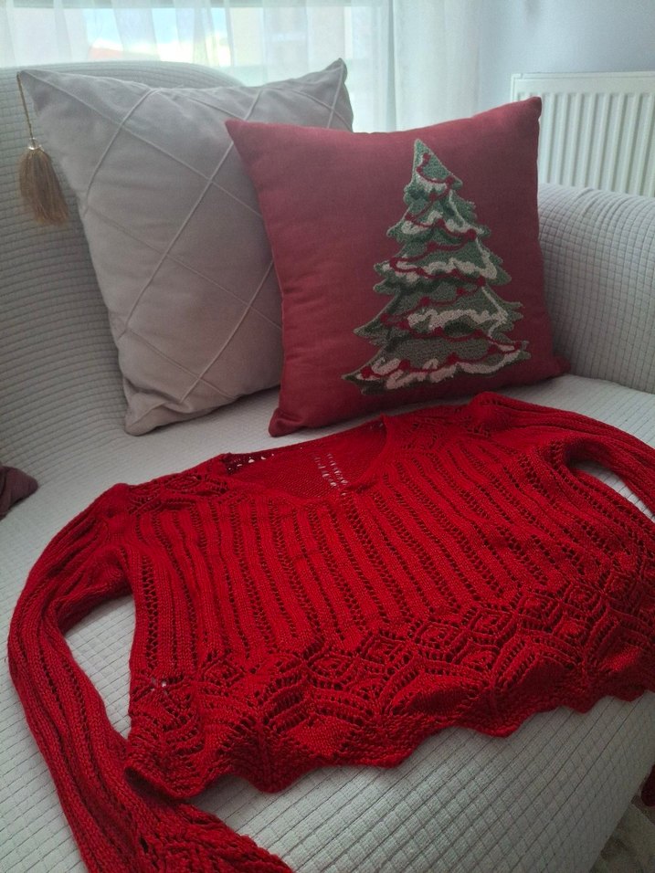 Kırmızı V Yaka Örgü Kadın Kazak - Görsel 4