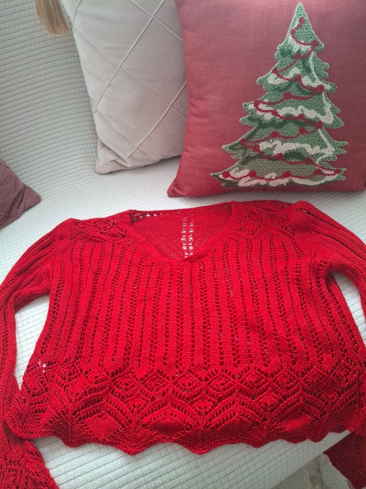 Kırmızı V Yaka Örgü Kadın Kazak - Görsel 5