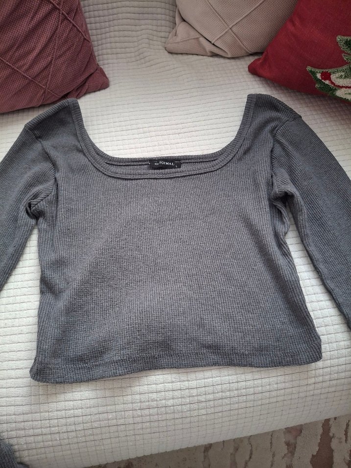 Gri Kadın Uzun Kollu Kayık Yaka Triko - Görsel 2