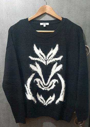 m Beden Nakışlı Siyah Oversize Kazak