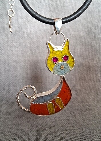 Mozaik gümüş kedi kolye