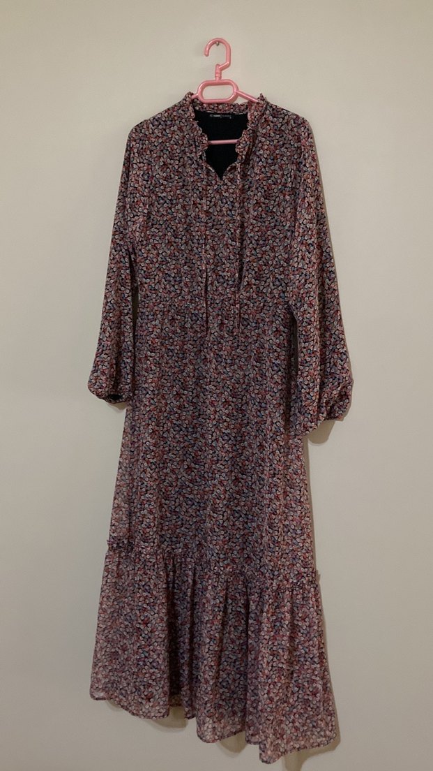 Bohem Uzun Kollu V Yaka Bağcıklı Elbise - Görsel 4