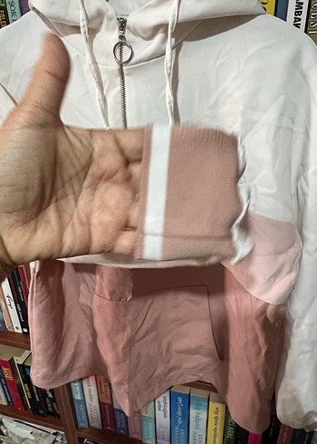 l Beden ZARA Beyaz ve Pembe Kapüşonlu Sweatshirt