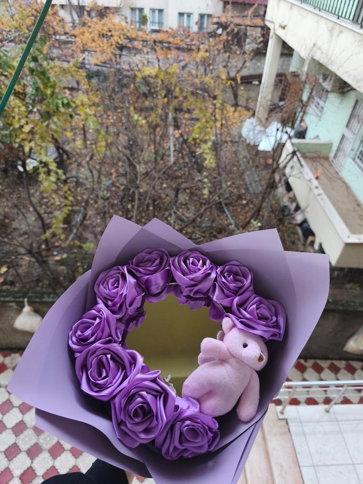 Pastel Mor Gül ve Peluş Ayı Buketi - Görsel 2