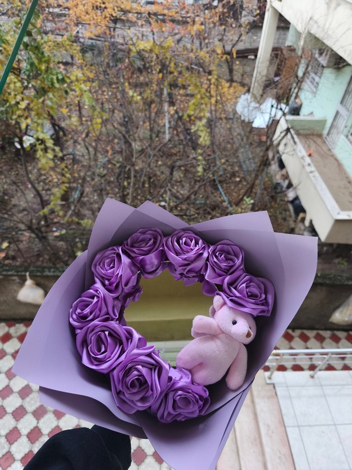 Pastel Mor Gül ve Peluş Ayı Buketi - Görsel 3