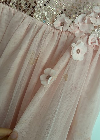 Kız Çocuk Pembe Payetli Nakışlı Elbise - Görsel 4