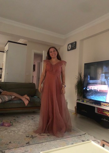 m Beden Bej Uzun Bohem V Yaka Elbise