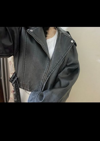 Kadın Siyah Biker Deri Ceket - Görsel 6