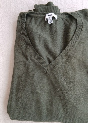 Kadın Haki V Yaka Uzun Kollu Triko Kazak - Görsel 5
