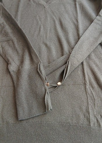 Kadın Haki V Yaka Uzun Kollu Triko Kazak - Görsel 4