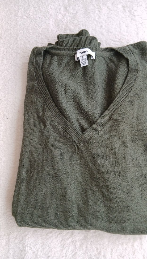 Kadın Haki V Yaka Uzun Kollu Triko Kazak - Görsel 5