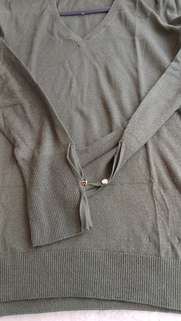 Kadın Haki V Yaka Uzun Kollu Triko Kazak - Görsel 4