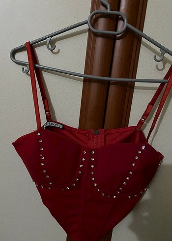 s Beden Kırmızı Parlak Nakışlı Strappy Bustiyer