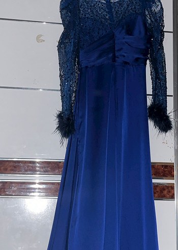 Drapeli Uzun Kollu Mavi Abiye Elbise - Görsel 2