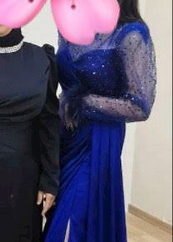 Drapeli Uzun Kollu Mavi Abiye Elbise - Görsel 3