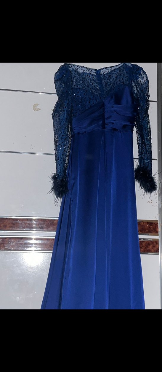 Drapeli Uzun Kollu Mavi Abiye Elbise - Görsel 2