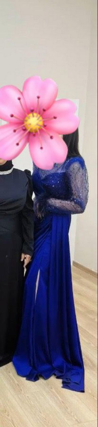 Drapeli Uzun Kollu Mavi Abiye Elbise - Görsel 3