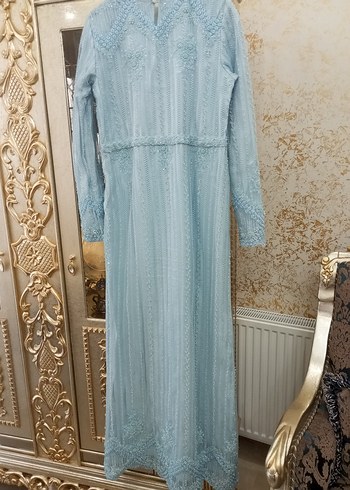 42 Beden mavi Renk Mavi Nakışlı Uzun Kollu Vintage Elbise
