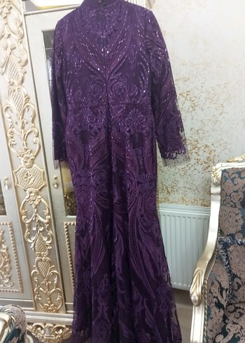 Abiye Uzun Kollu Mor Dantel İşlemeli Abiye Elbise
