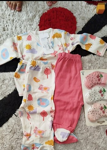 3 Ay Beden çeşitli Renk Renkli Baskılı Uzun Kollu Bebek Kız Takımı