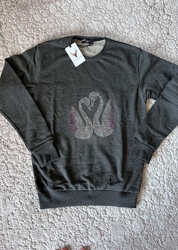 l Beden gri Renk Gri Uzun Kollu Taşlı Kadın Sweatshirt
