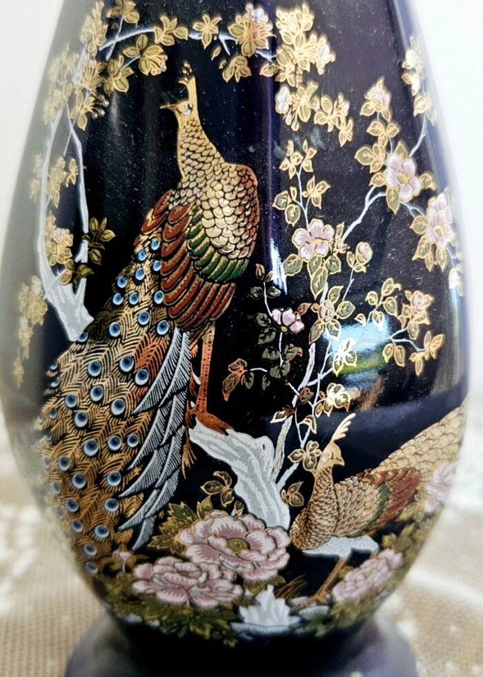 Vintage, Japonya üretimi, tavus kuşu desenli, şık, kobalt vazo.
 - Görsel 4