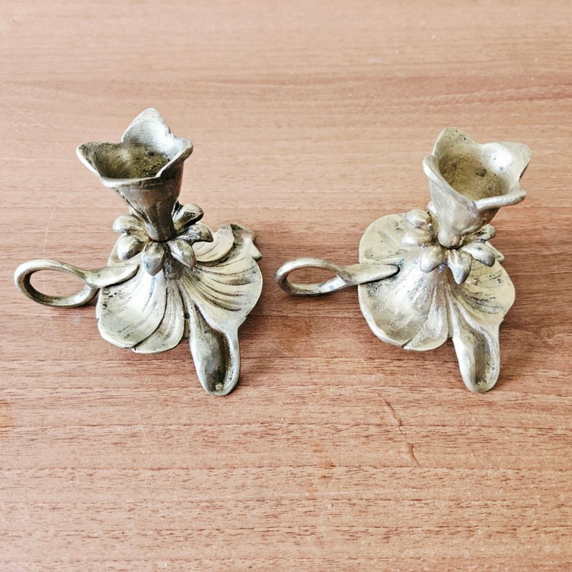 Antika, pirinç, çift şinanay mumluk. - Görsel 4