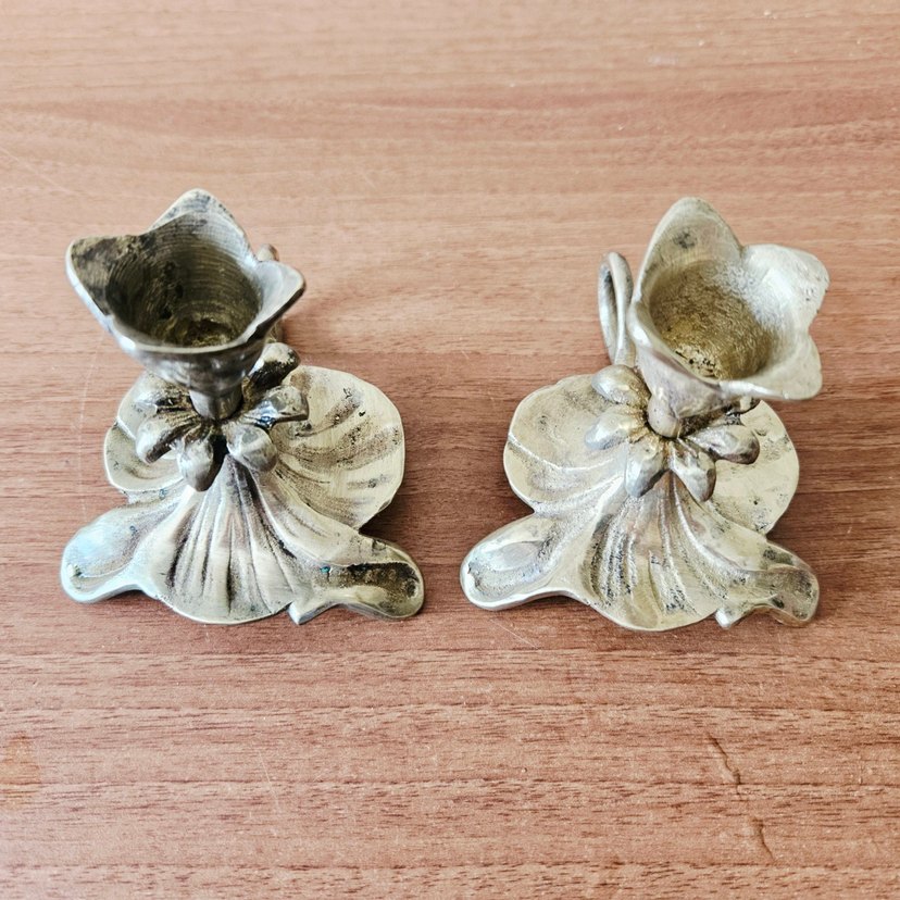 Antika, pirinç, çift şinanay mumluk. - Görsel 5